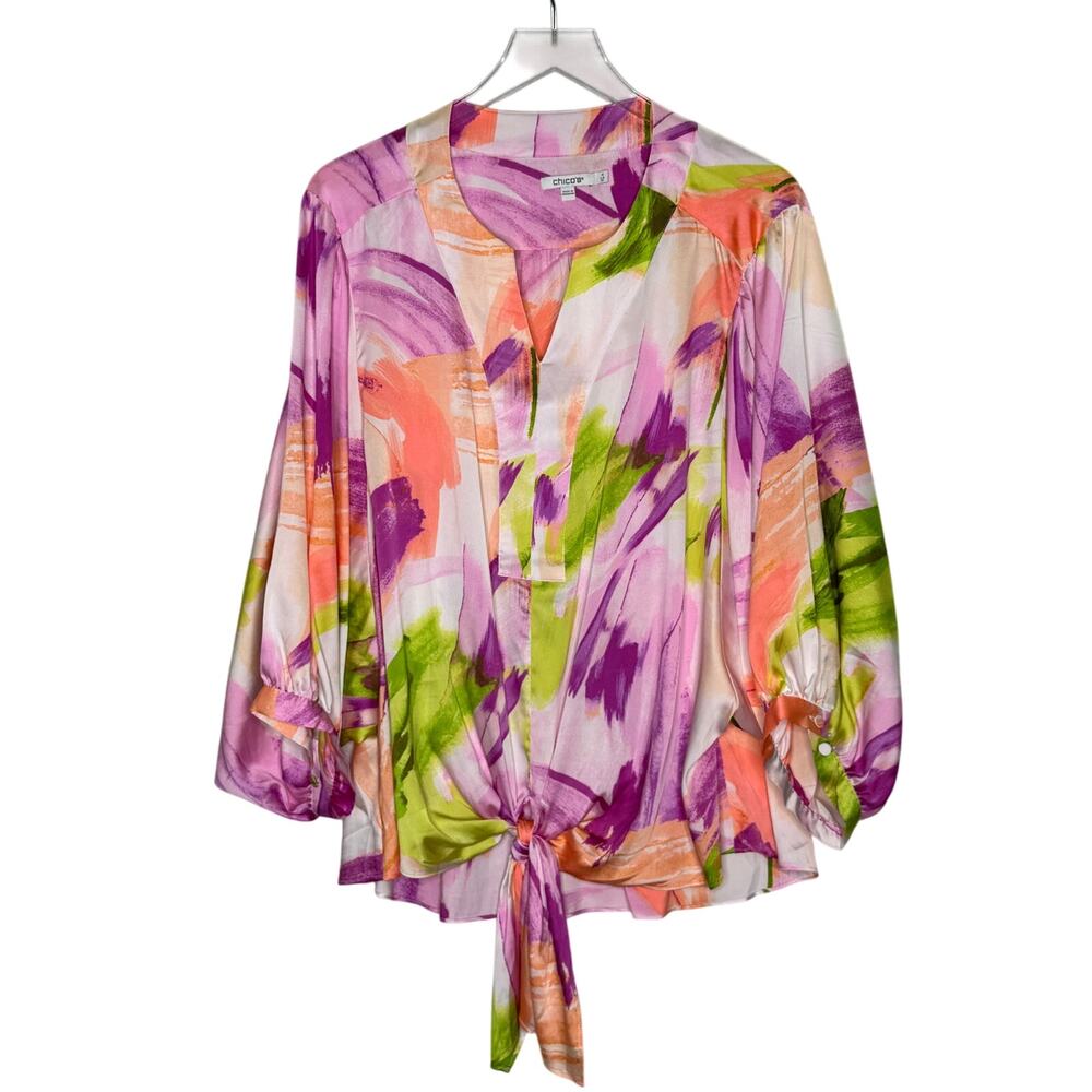 Chicos Satin Balloon Sleeve Blouse 20 Watercolor Easter Floral Pink Flowy